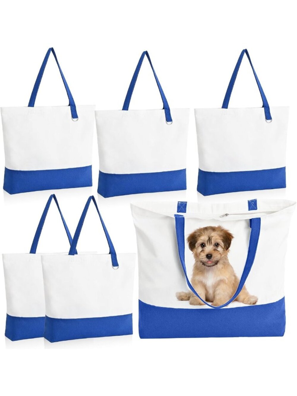 6-Pack Large Royal Blue Canvas Tote Bags with Zipper - Versatile Grocery